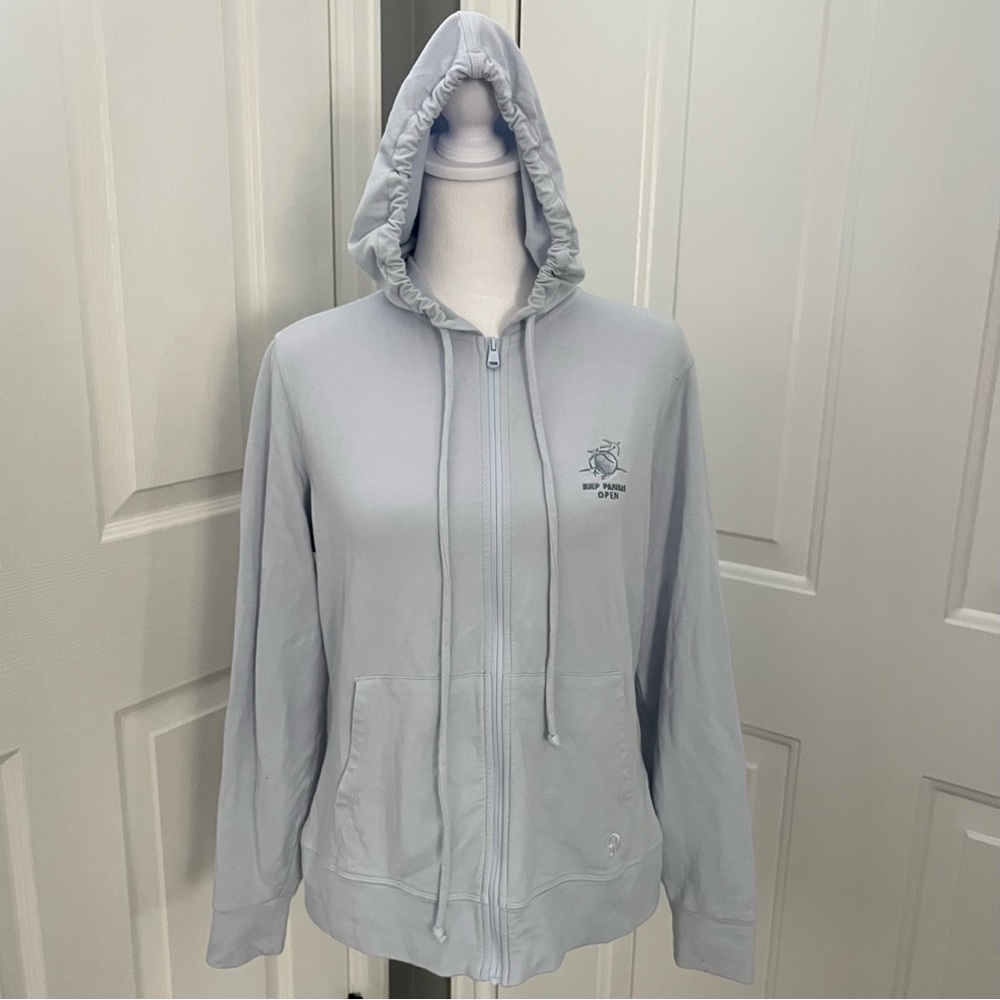 Straight Down Long Sleeve Cotton Hoodie Women Medium Golf Bank‎ Logo Light Blue